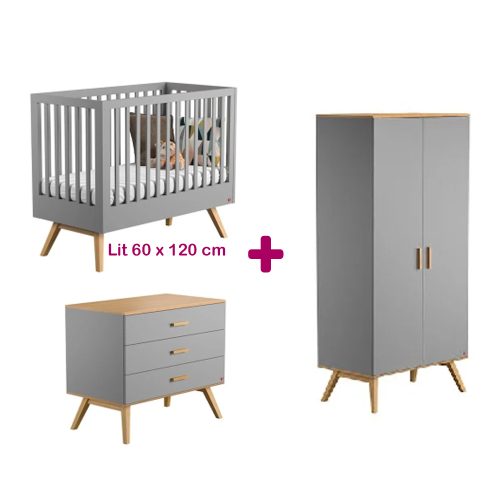 Chambre bébé complète Nautis Gris lit 60x120, commode, armoire Vox BEBE